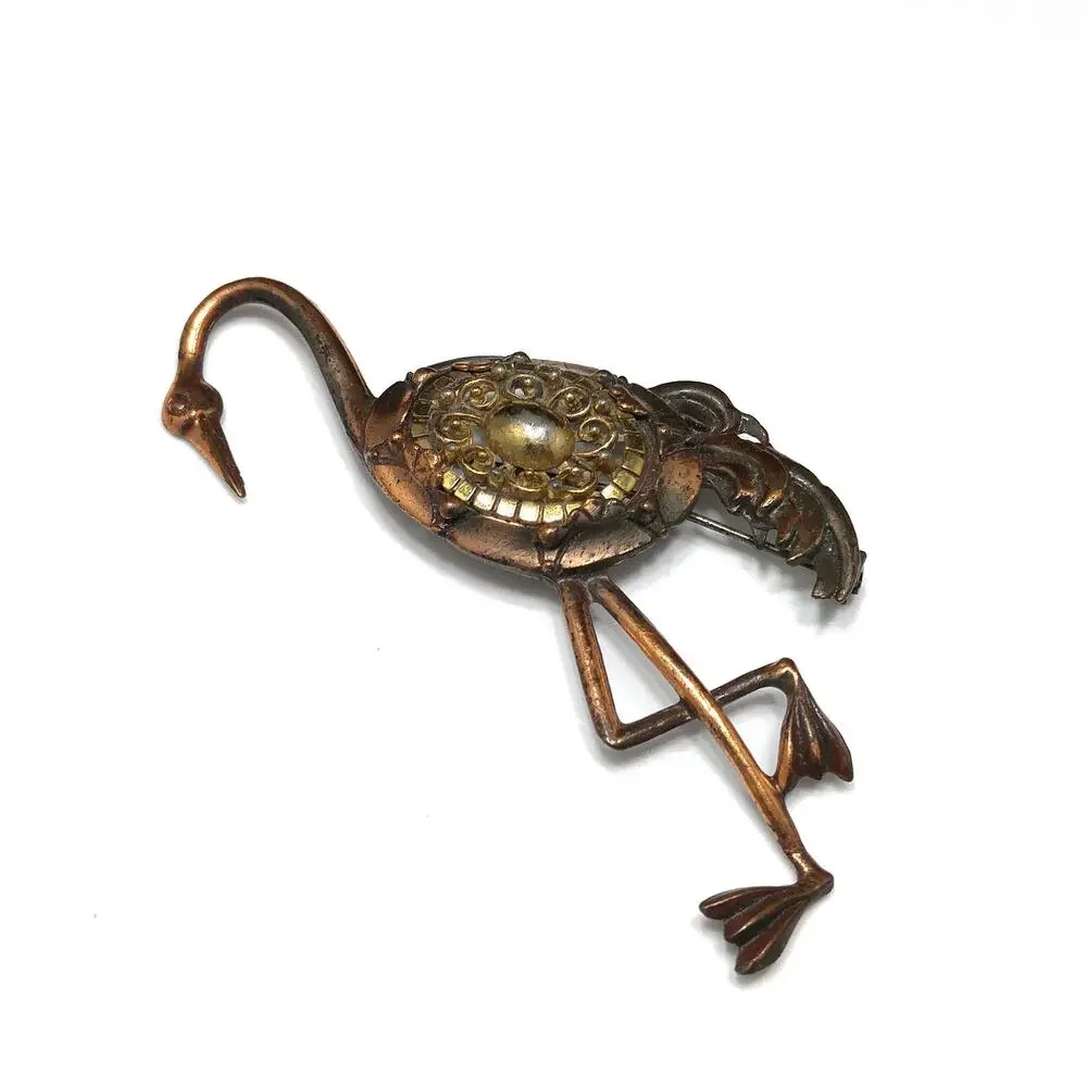 Vintage Tall Bird Brooch, Mixed Metals, 1930s 1940s
